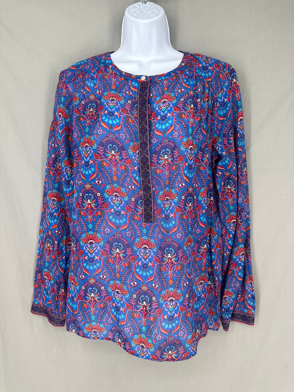 Loft Top Women Medium Blue Floral Softened Shirt Colorful Lightweight Boho Batik